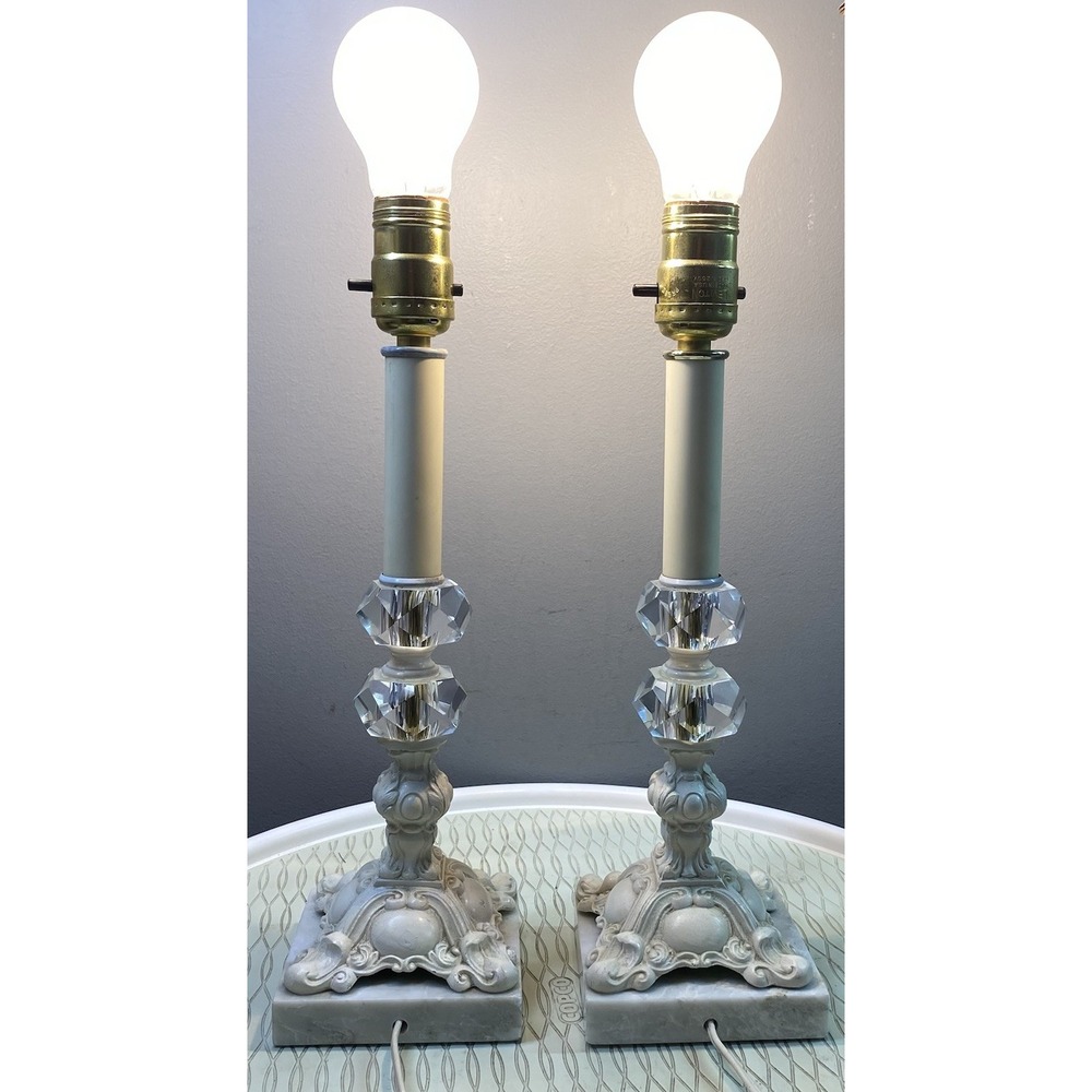 PAIR Vintage Ornate Ivory Cast Metal On Marble Base Working Table Lamps 17" Tall